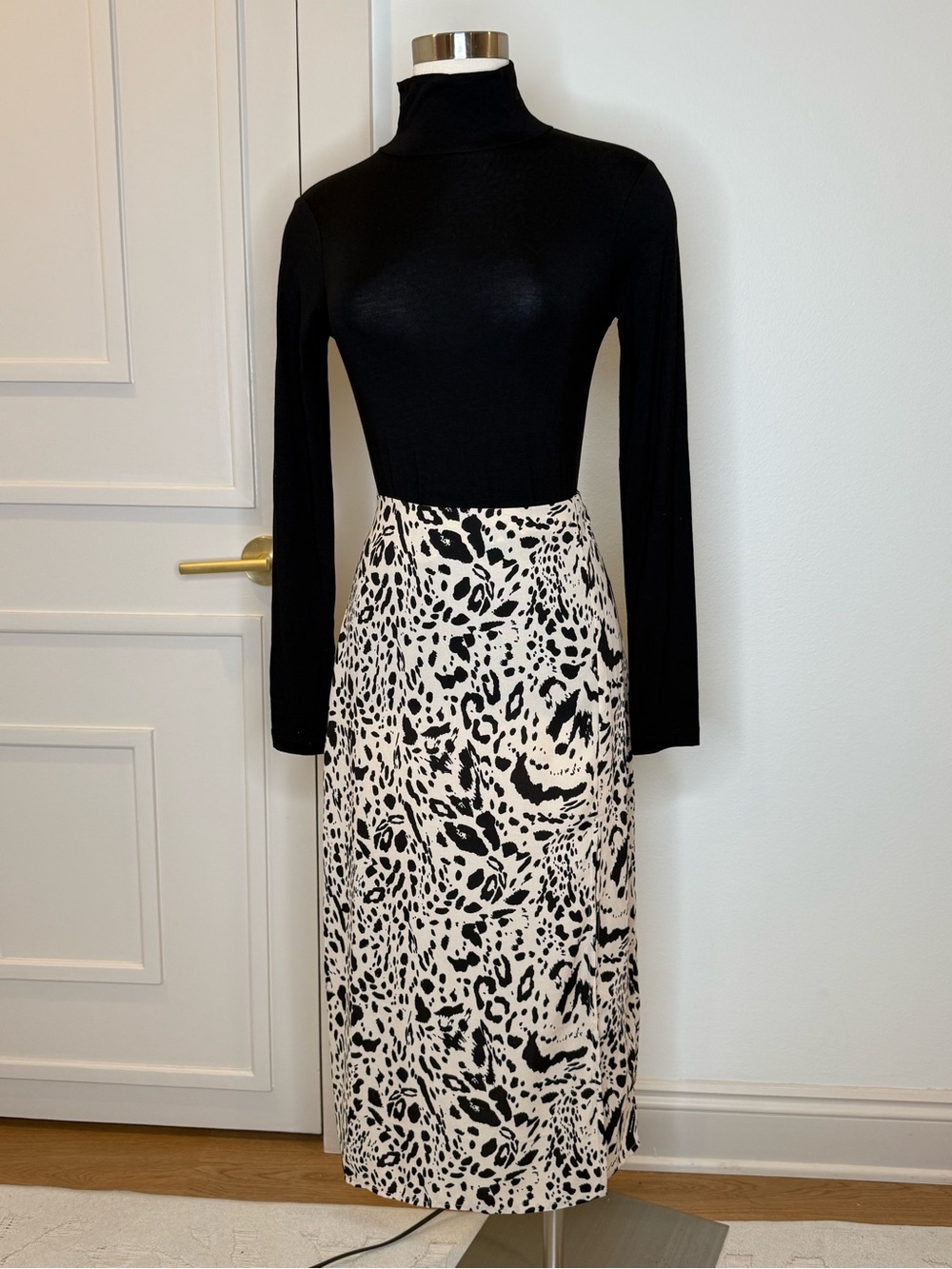 Black and Cream Animal Print Midi Skirt
